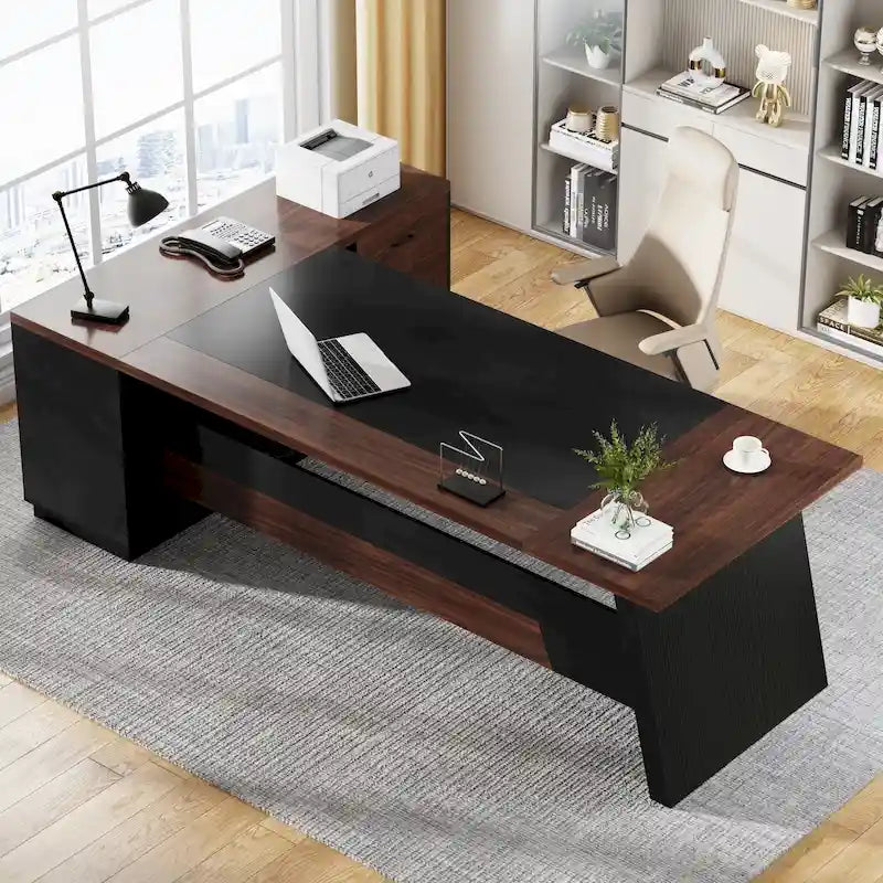 Scrivania direzionale a L in truciolato E1 noce-nero/grigio-nero con cassetti e cassetto per archivio per 1 persona
