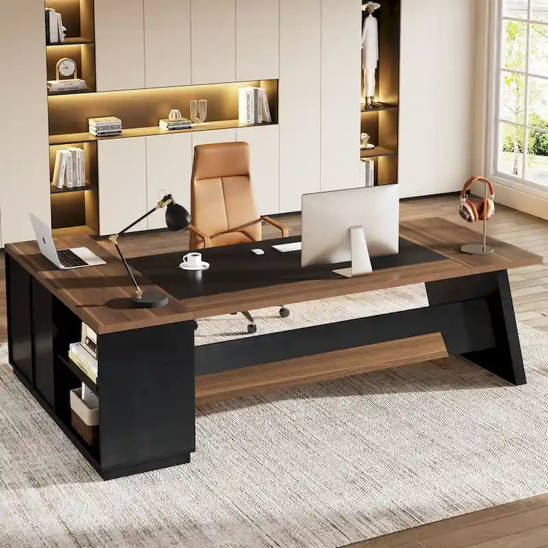 Scrivania direzionale a L in truciolato E1 noce-nero/grigio-nero con cassetti e cassetto per archivio per 1 persona