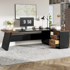 Scrivania direzionale a L in truciolato E1 noce-nero/grigio-nero con cassetti e cassetto per archivio per 1 persona
