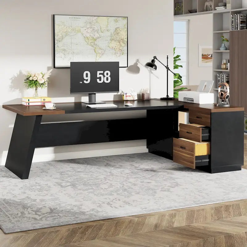 Scrivania direzionale a L in truciolato E1 noce-nero/grigio-nero con cassetti e cassetto per archivio per 1 persona