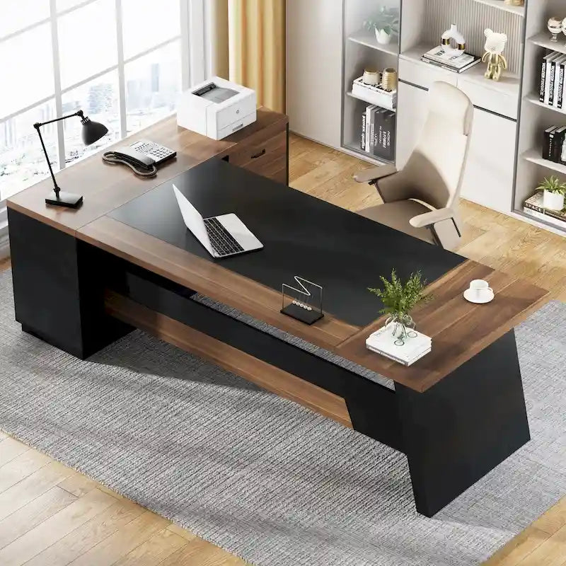 Scrivania direzionale a L in truciolato E1 noce-nero/grigio-nero con cassetti e cassetto per archivio per 1 persona