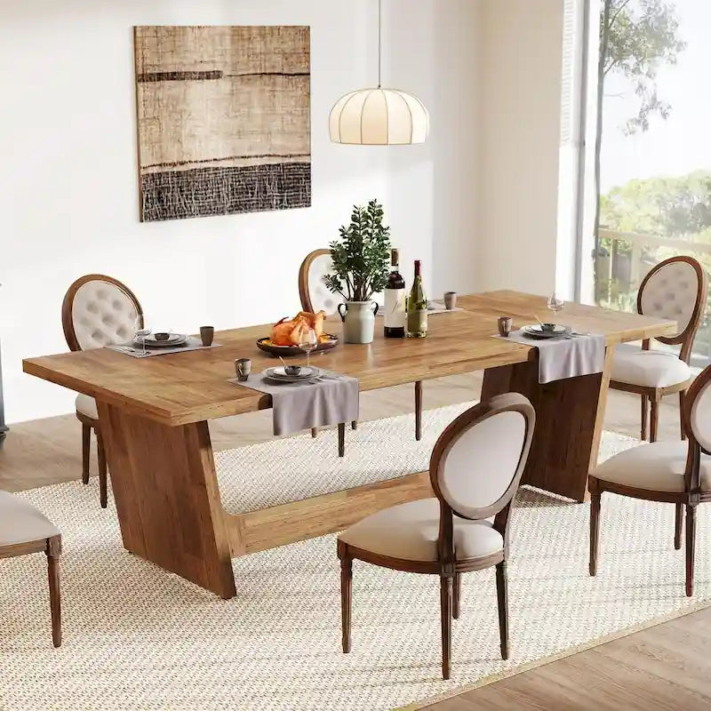 Tavolo da pranzo in legno composito marrone stile rustico con piedistallo solido per 6-8 persone