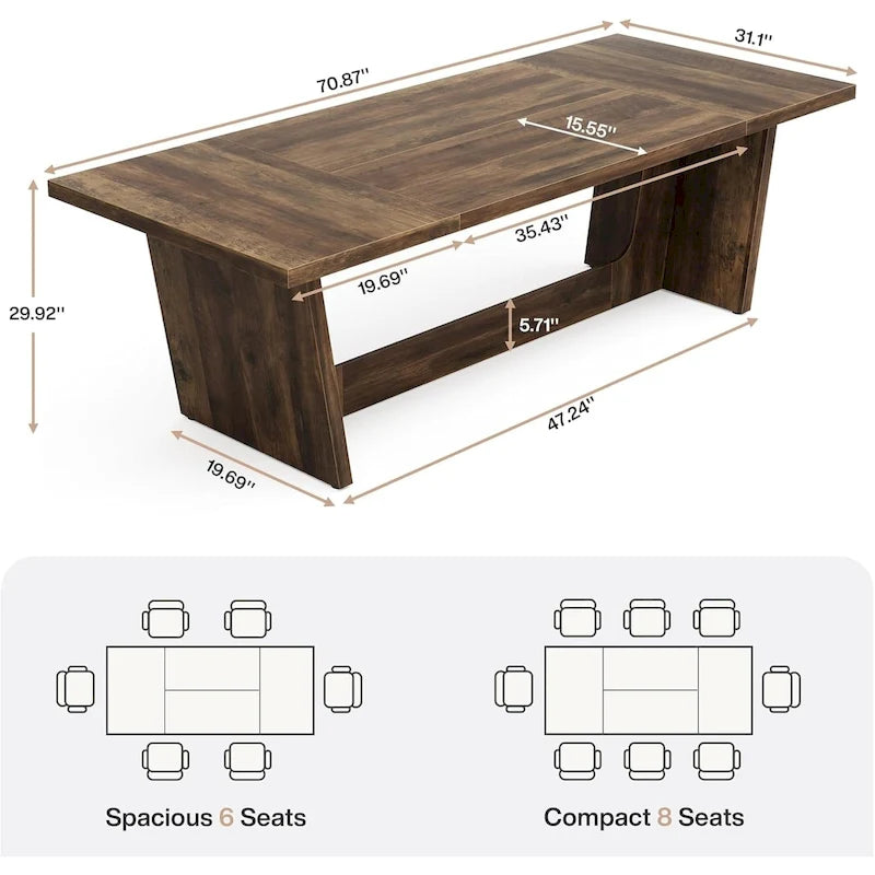 Tavolo da pranzo in legno composito marrone stile rustico con piedistallo solido per 6-8 persone
