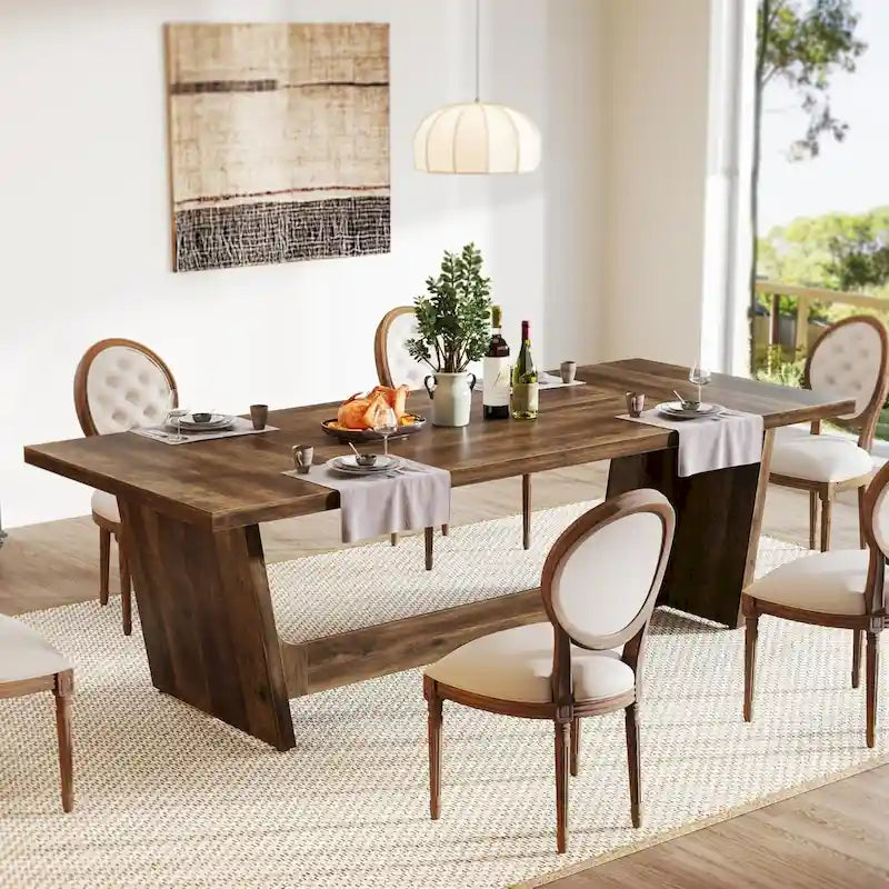 Tavolo da pranzo in legno composito marrone stile rustico con piedistallo solido per 6-8 persone