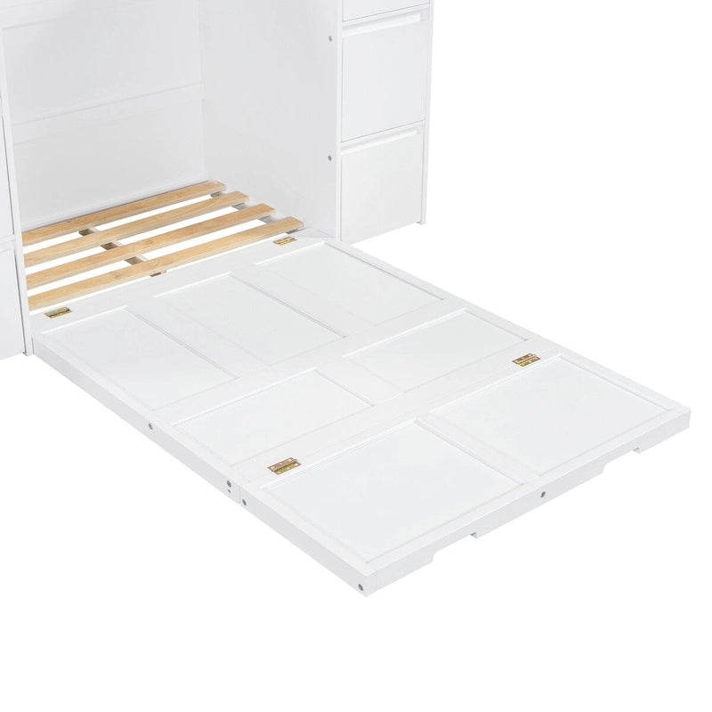 Letto a scomparsa a mobiletto bianco/grigio con cassetti, armadietti e testiera USB per 1 persona