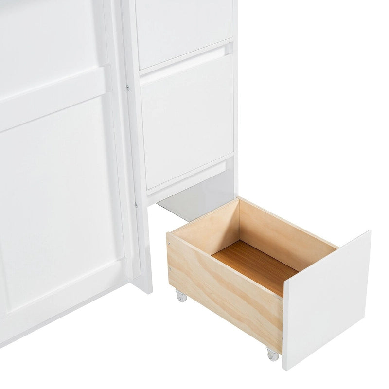 Letto a scomparsa a mobiletto bianco/grigio con cassetti, armadietti e testiera USB per 1 persona