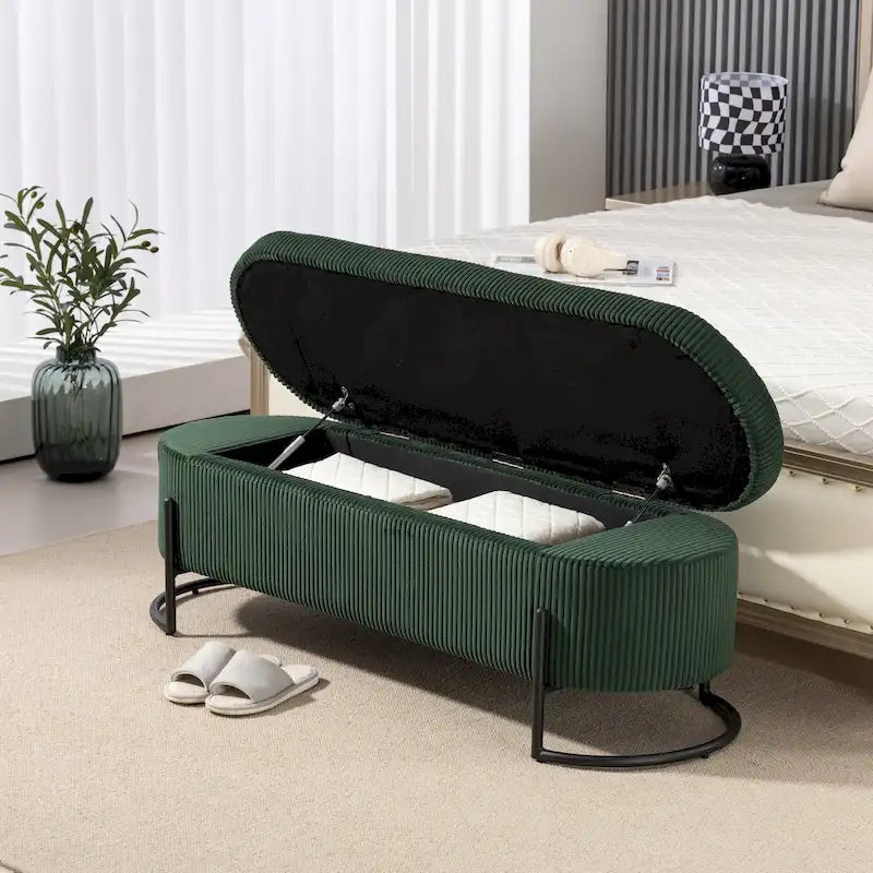 Panca Contenitore Ottomana Trapuntata in Velluto Nero / Smeraldo / Rosa / Grigio Scuro / Beige / Arancione con Cerniera di Sicurezza e Gambe in Metallo per 1-2 Persone