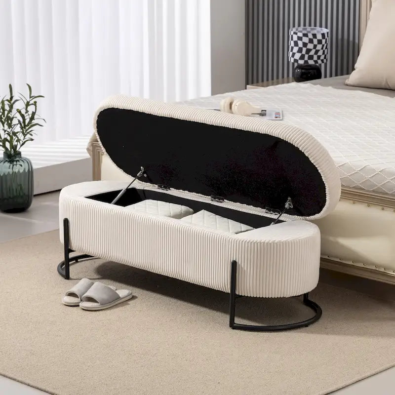 Panca Contenitore Ottomana Trapuntata in Velluto Nero / Smeraldo / Rosa / Grigio Scuro / Beige / Arancione con Cerniera di Sicurezza e Gambe in Metallo per 1-2 Persone