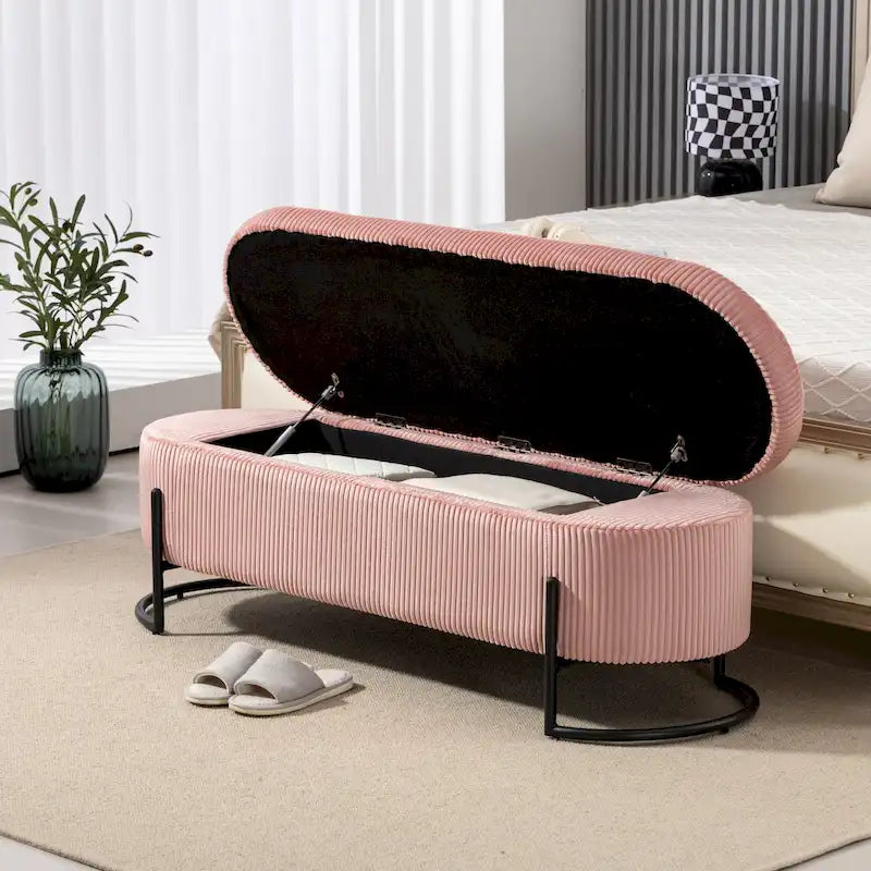 Panca Contenitore Ottomana Trapuntata in Velluto Nero / Smeraldo / Rosa / Grigio Scuro / Beige / Arancione con Cerniera di Sicurezza e Gambe in Metallo per 1-2 Persone