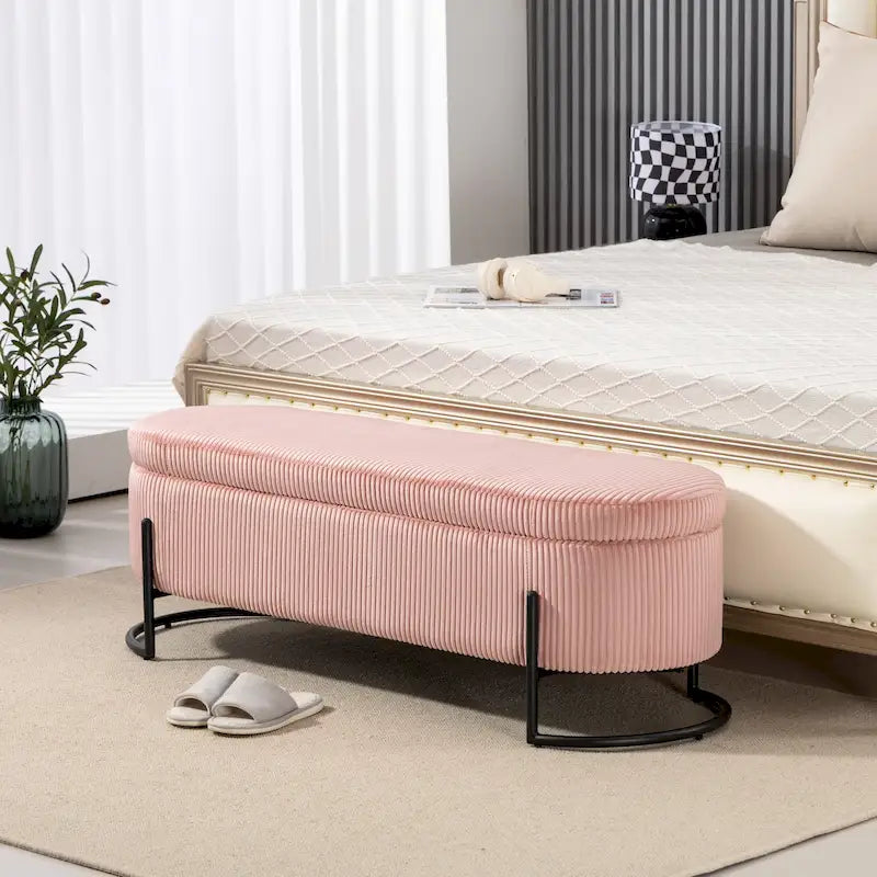 Panca Contenitore Ottomana Trapuntata in Velluto Nero / Smeraldo / Rosa / Grigio Scuro / Beige / Arancione con Cerniera di Sicurezza e Gambe in Metallo per 1-2 Persone