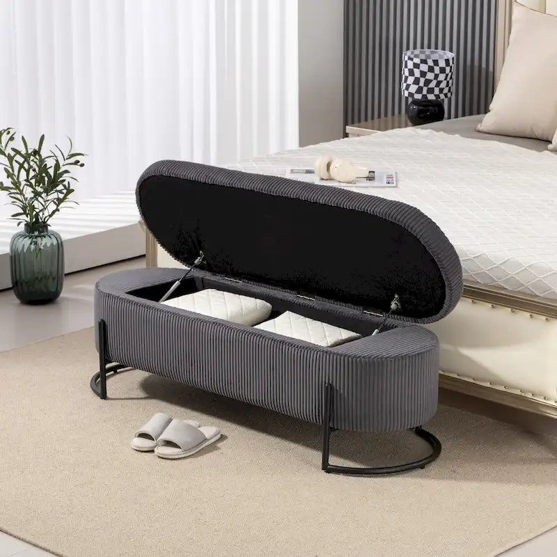 Panca Contenitore Ottomana Trapuntata in Velluto Nero / Smeraldo / Rosa / Grigio Scuro / Beige / Arancione con Cerniera di Sicurezza e Gambe in Metallo per 1-2 Persone