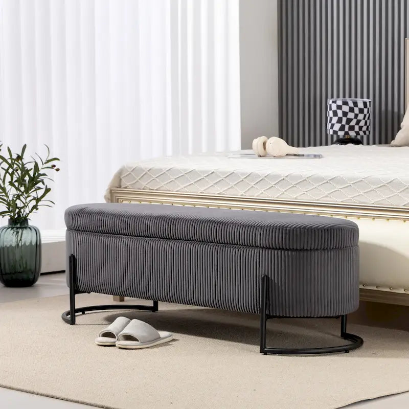 Panca Contenitore Ottomana Trapuntata in Velluto Nero / Smeraldo / Rosa / Grigio Scuro / Beige / Arancione con Cerniera di Sicurezza e Gambe in Metallo per 1-2 Persone