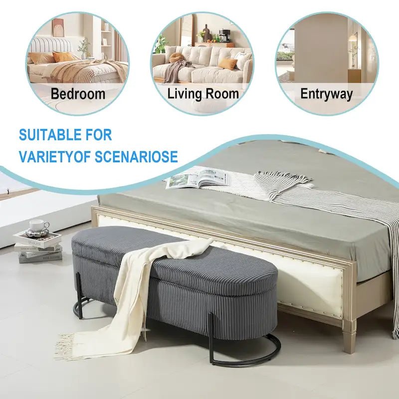 Panca Contenitore Ottomana Trapuntata in Velluto Nero / Smeraldo / Rosa / Grigio Scuro / Beige / Arancione con Cerniera di Sicurezza e Gambe in Metallo per 1-2 Persone