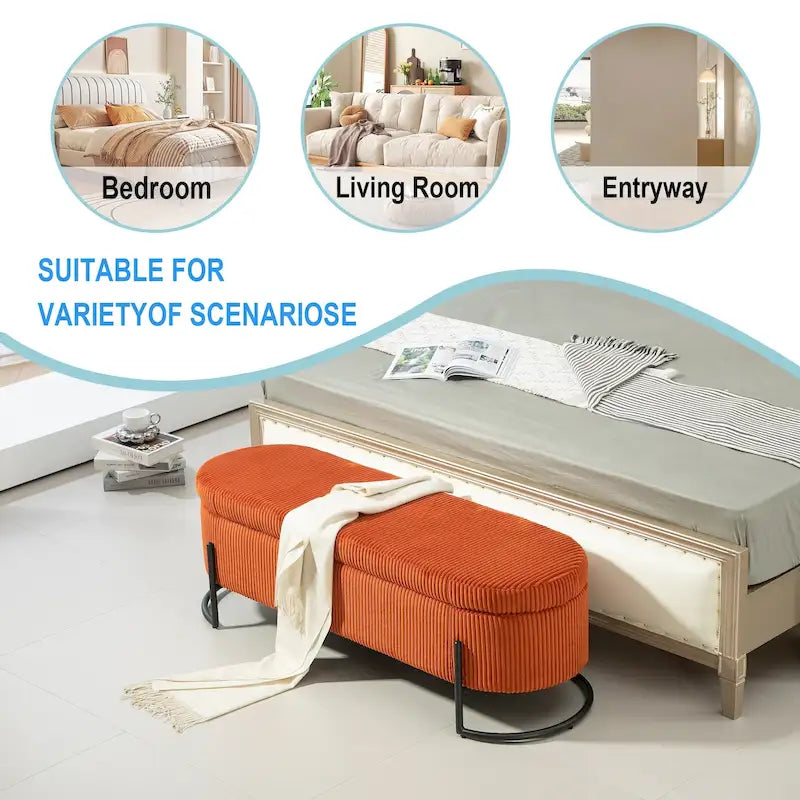 Panca Contenitore Ottomana Trapuntata in Velluto Nero / Smeraldo / Rosa / Grigio Scuro / Beige / Arancione con Cerniera di Sicurezza e Gambe in Metallo per 1-2 Persone