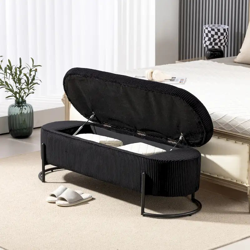 Panca Contenitore Ottomana Trapuntata in Velluto Nero / Smeraldo / Rosa / Grigio Scuro / Beige / Arancione con Cerniera di Sicurezza e Gambe in Metallo per 1-2 Persone