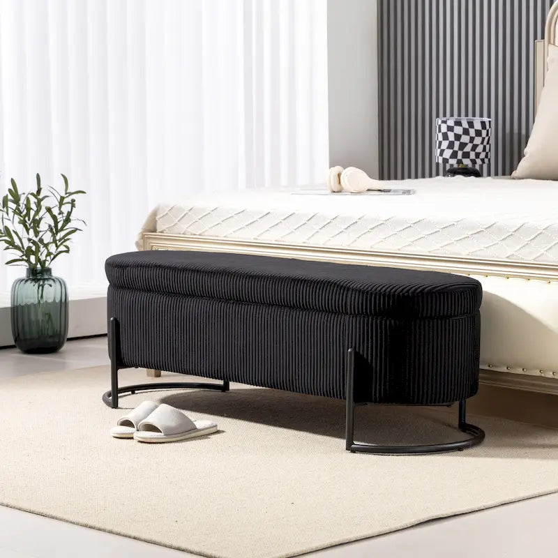 Panca Contenitore Ottomana Trapuntata in Velluto Nero / Smeraldo / Rosa / Grigio Scuro / Beige / Arancione con Cerniera di Sicurezza e Gambe in Metallo per 1-2 Persone