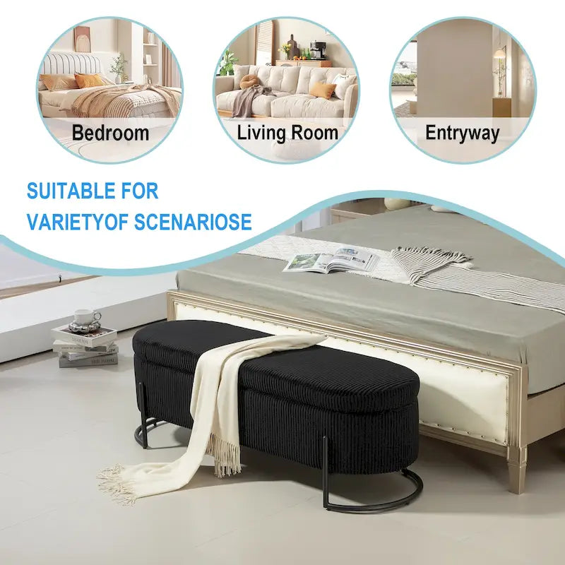 Panca Contenitore Ottomana Trapuntata in Velluto Nero / Smeraldo / Rosa / Grigio Scuro / Beige / Arancione con Cerniera di Sicurezza e Gambe in Metallo per 1-2 Persone