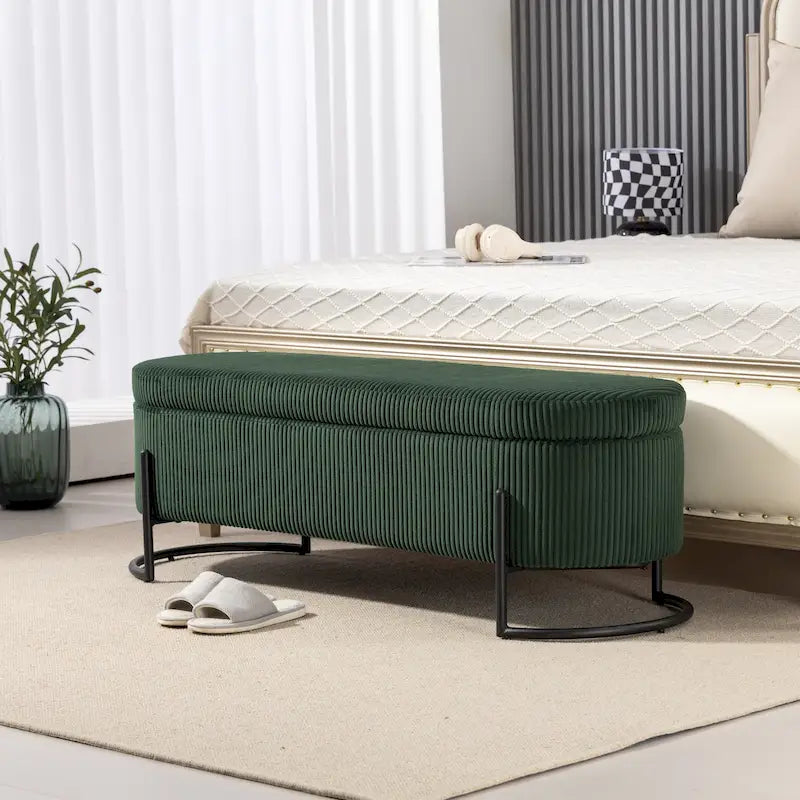 Panca Contenitore Ottomana Trapuntata in Velluto Nero / Smeraldo / Rosa / Grigio Scuro / Beige / Arancione con Cerniera di Sicurezza e Gambe in Metallo per 1-2 Persone